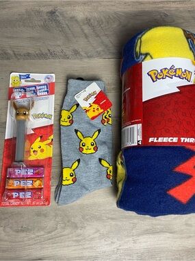 Pokemon PIKACHU Plush Throw Blanket 46" x 60", Gray Socks, & Eevee PEZ dispenser
